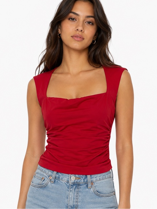 Dynamite Tops - Red Square-Neck Ruched Sides Sleeveless Top